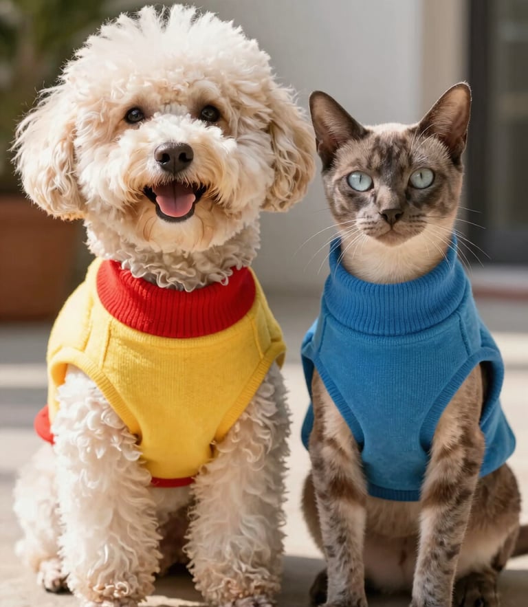 A happy fluffy dog and a sleek cat sitting side by side wearing bright, colorful custom-tailored sweaters, natural daylight, warm tones.