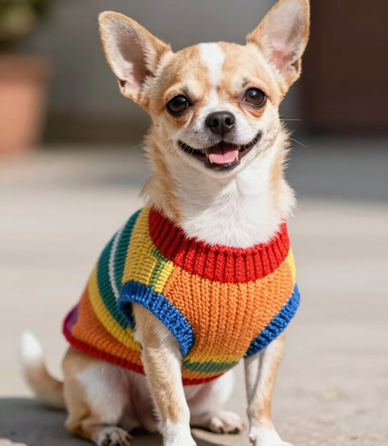 A happy small chihuahua wearing a colorful custom-fit knitted sweater, sitting calmly, bright natural daylight, eye-level shot