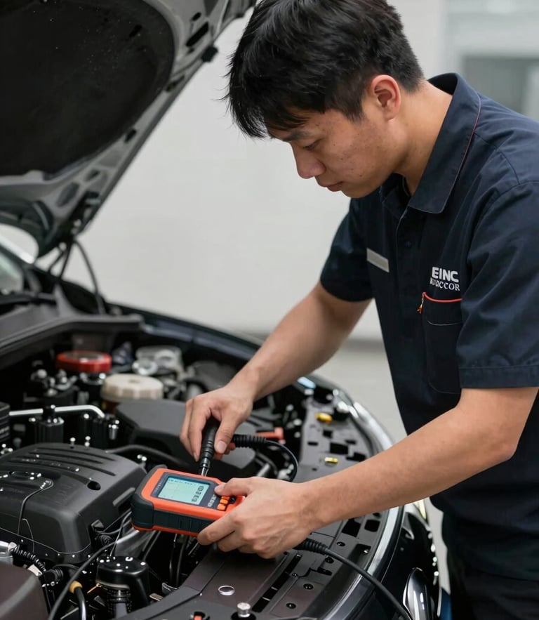 A professional technician in a clean branded uniform using a high-end digital battery tester on a car engine under focused LED light