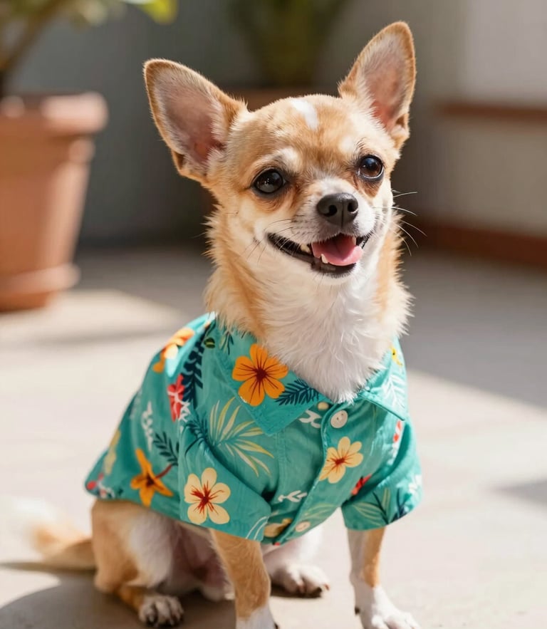 Vibrant pet photography, warm natural daylight, a happy chihuahua wearing a colorful miniature teal Hawaiian shirt sitting on a sunny patio, 35mm lens, shallow depth of field