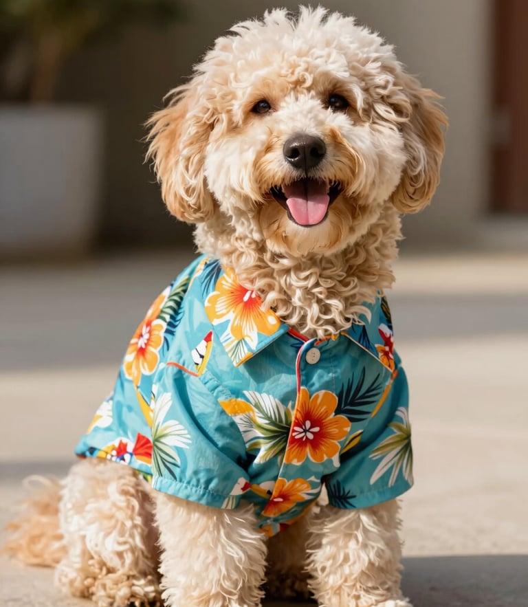 A happy fluffy dog wearing a colorful custom-tailored Hawaiian shirt sitting comfortably, bright warm natural daylight, shallow depth of field