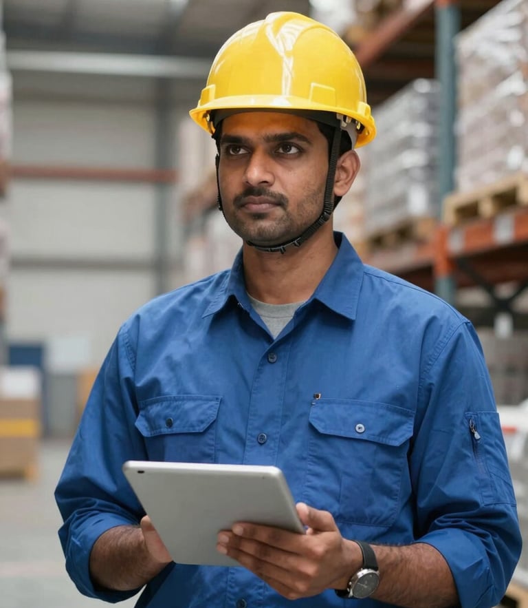 A professional Indian operations manager in a hard hat and clean uniform holding a tablet, standing in a brightly lit modern warehouse in Kolkata.