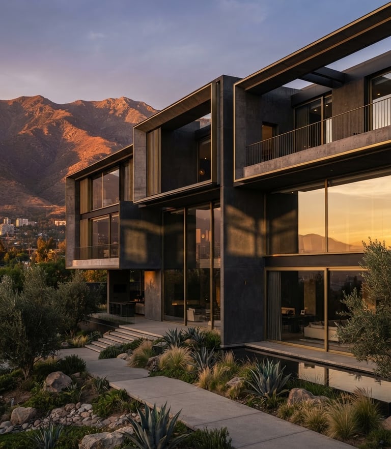 Wide-angle architectural photography of a modern concrete and glass residence facade in Santiago at golden hour, dramatic low-key lighting casting sharp geometric shadows, high-end design, 35mm
