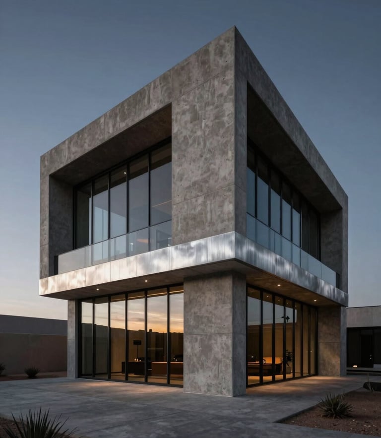 Dramatic low-key twilight shot of modern desert architecture in Mesa, sharp concrete angles, glass reflections, brushed steel accents, luxury feel.