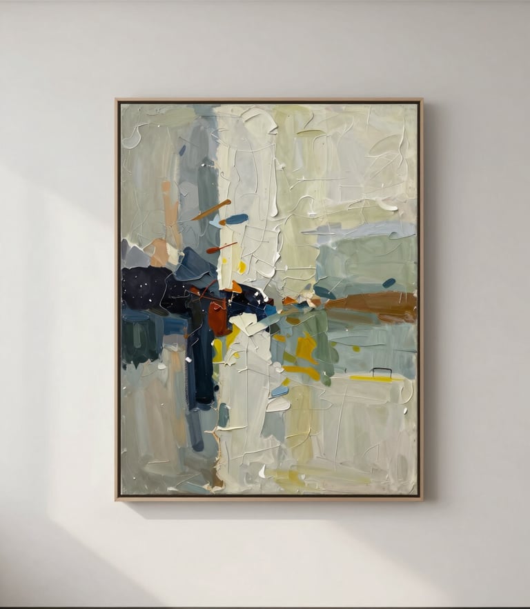 Straight-on editorial gallery photography of an abstract oil painting with thick impasto texture, framed in a modern minimalist room, soft natural daylight