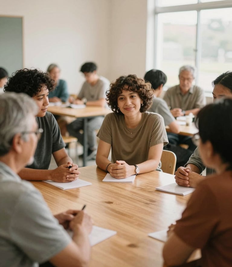 A warm editorial photograph of diverse local leaders collaborating around a wooden table in a sunlit community center, natural daylight, soft earth tones, 35mm film look