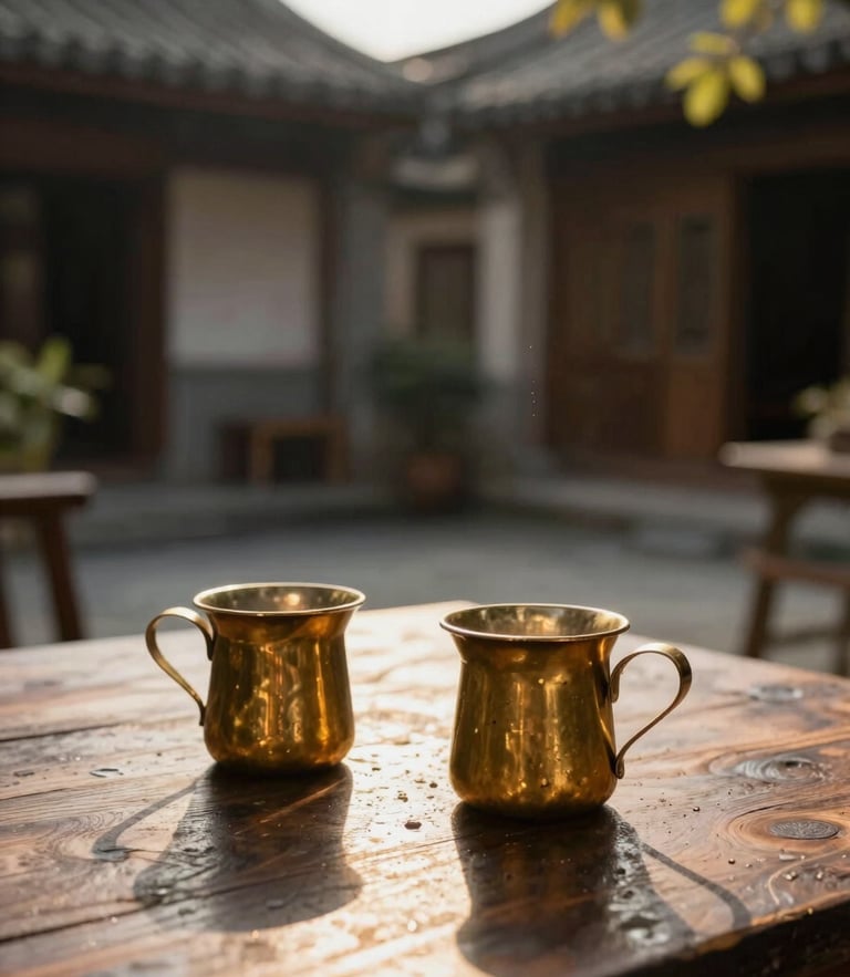Sun-dappled traditional courtyard with brass filter coffee tumblers resting on a dark wooden table, warm golden hour light casting soft shadows.