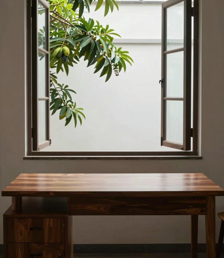 A quiet workspace with a solid teak desk facing a large open window, green mango tree branches visible outside, soft indirect daylight.
