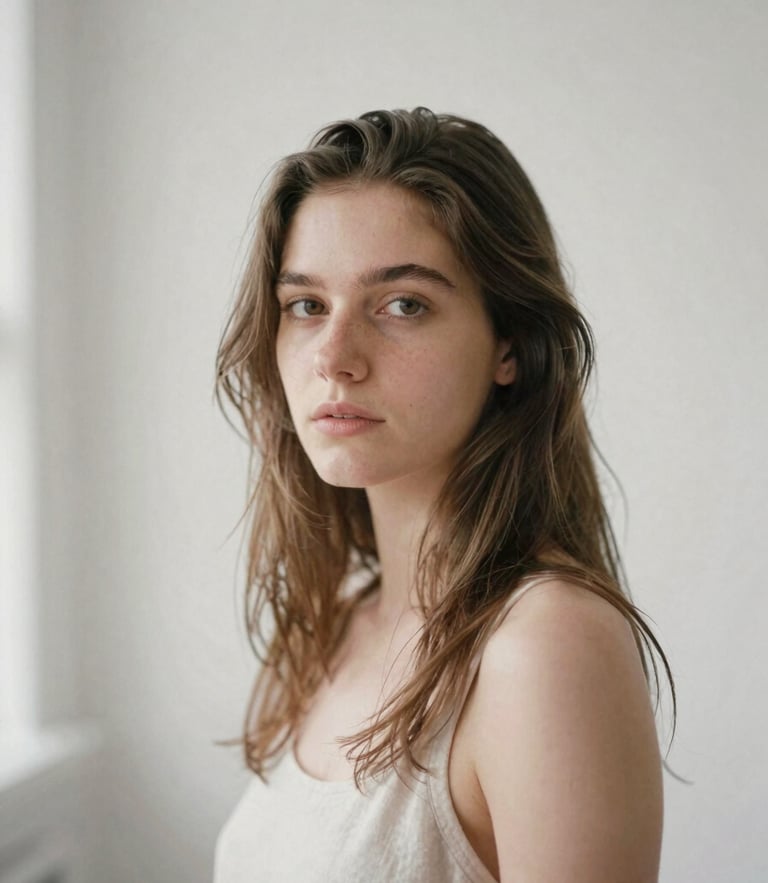 Soft-focus portrait of Cora Felicia Dailey in her studio, diffused natural daylight, muted taupe and off-white tones, minimalist background, shallow depth of field, 35mm