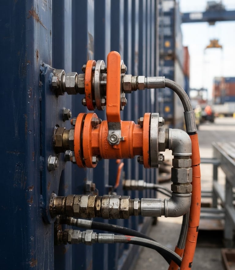 Close-up technical shot of safety orange valves and secure steel fittings on a cargo container, industrial logistics, sharp focus, 35mm