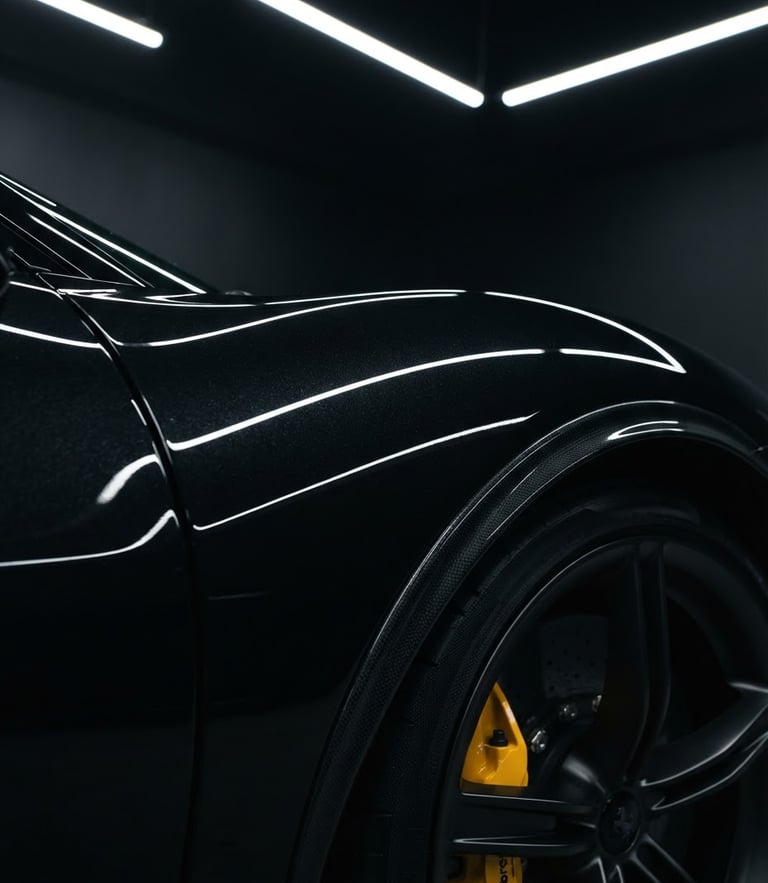 Extreme close-up of a flawless black luxury sports car fender under sharp LED studio light bars, metallic obsidian paint reflecting perfectly straight lines, 50mm lens