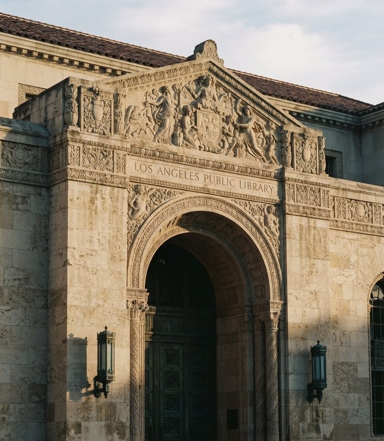 Dignified architectural detail of a classic stone library facade in Los Angeles, soft natural morning light casting long shadows, warm tones, 35mm film aesthetic