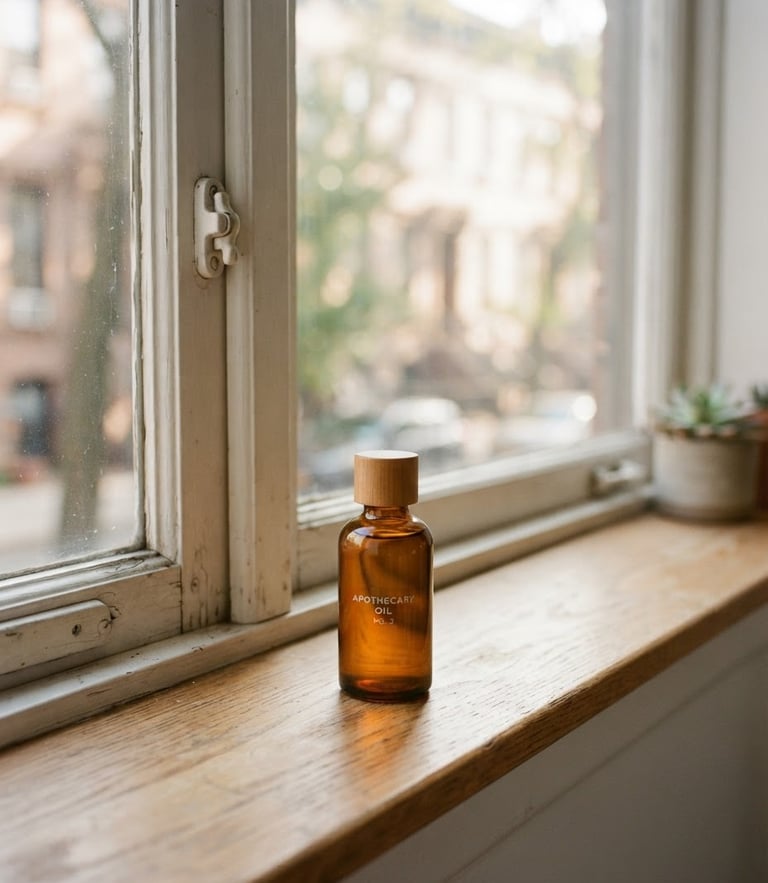 Medium close-up of a sunlit Brooklyn brownstone window sill, a small clear amber glass bottle with a wooden cap, soft morning light casting gentle shadows on clean oak wood, 35mm photography