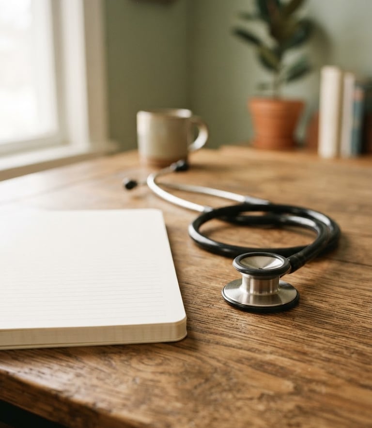 A close-up of a classic stethoscope resting on a warm wooden desk beside a clean medical notepad, soft natural window light, muted sage and beige tones, shallow depth of field, 35mm
