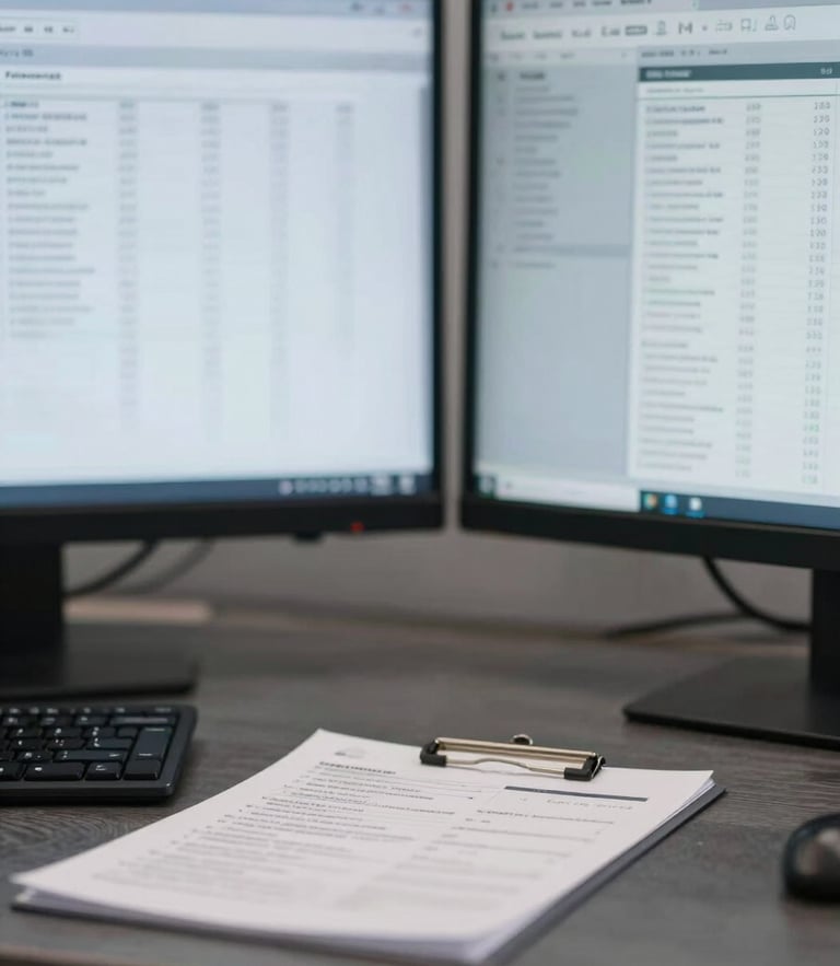 Straight-on, structured shot of a clean, modern dual-monitor billing desk setup with blurred financial spreadsheets, cool-toned slate lighting.
