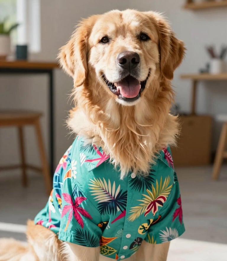 A happy golden retriever wearing a colorful artisanal tropical shirt, sitting comfortably in a bright workshop, warm natural daylight, eye-level shot.