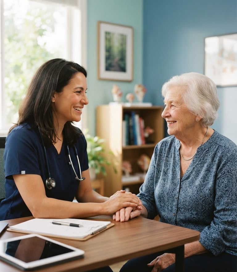 A warm editorial photograph of a friendly doctor consulting with an older patient in a sunlit, welcoming clinic room, soft natural daylight, shallow depth of field, 35mm