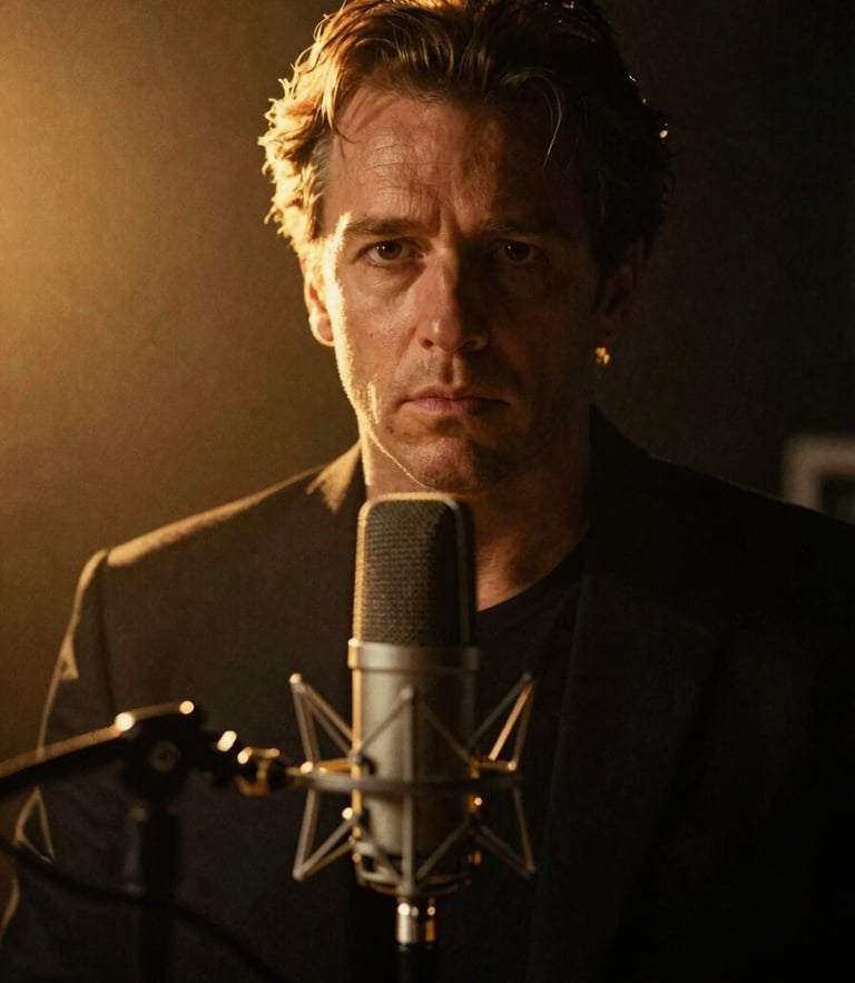 Dramatic high-contrast portrait of Franco behind a broadcast microphone in his Montreal studio, warm gold backlighting, dark charcoal background, anamorphic lens, 35mm film grain