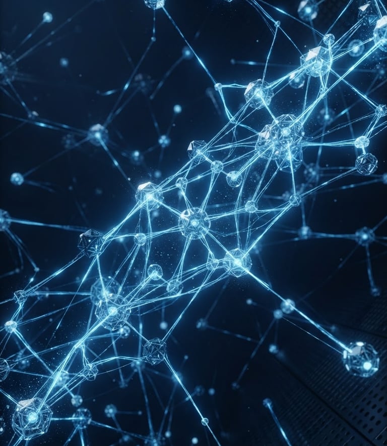 Sleek 3D render of abstract glowing data nodes connected by electric blue light paths, cool-toned, sharp focus, tech-minimalism