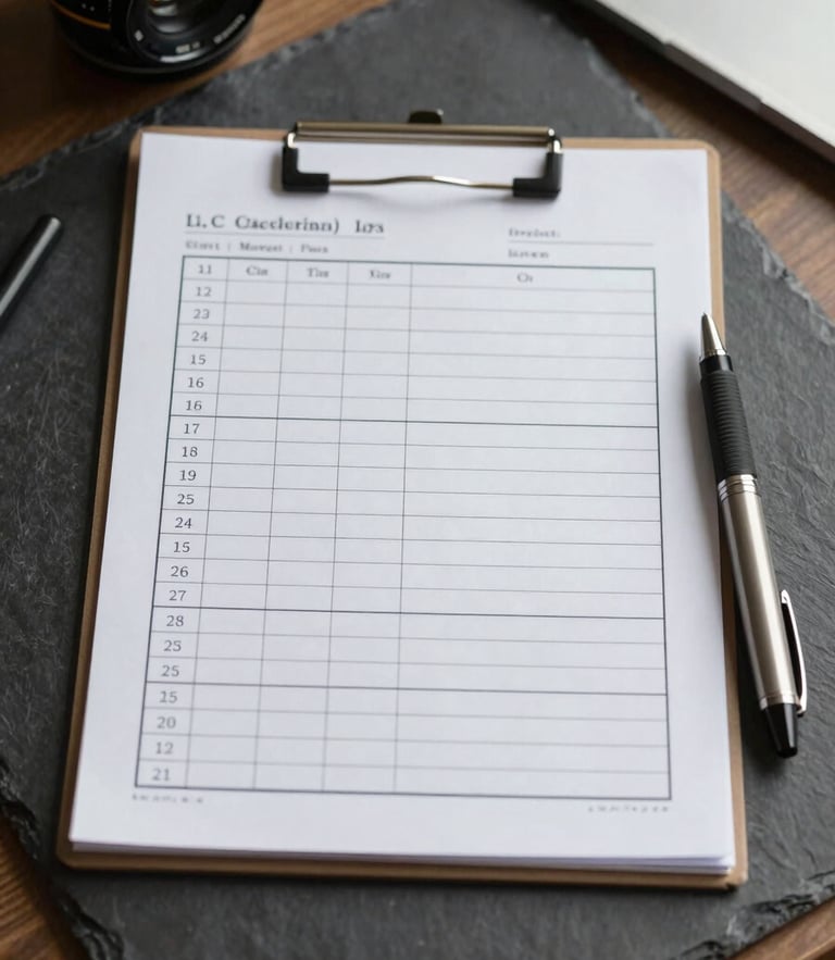 Top-down macro shot of an organized physical workspace with a clean, structured paper checklist and a technical pen on a slate desk, crisp natural light.