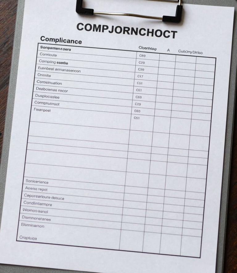 Top-down macro shot of a crisp compliance checklist on a slate-grey metal clipboard, natural daylight, sharp focus on structured grid lines.