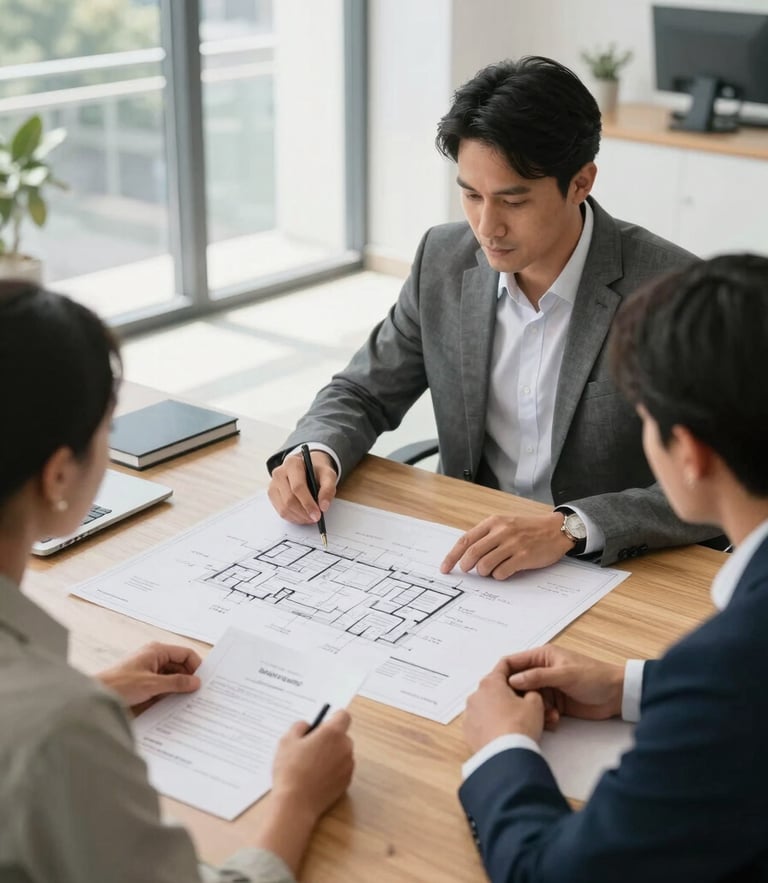 A professional consultation in a bright Gurugram office. A consultant and client review physical blueprints and property deeds on a wooden table, natural daylight, sharp focus.