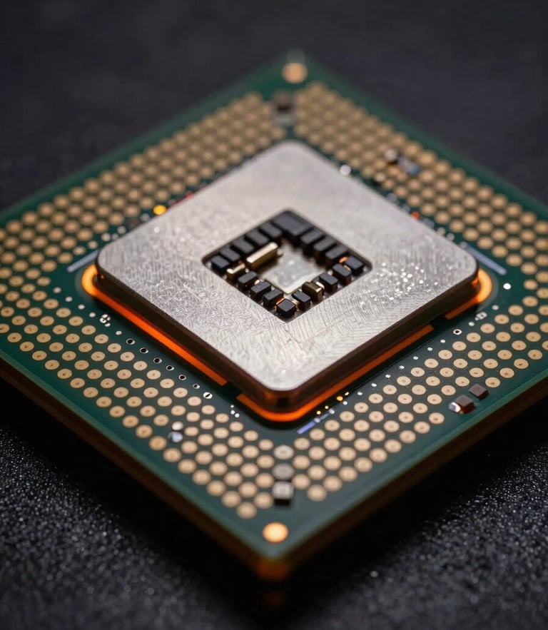Macro photography of a mobile system-on-chip processor, raw titanium textures, sharp telemetry orange edge-lights, low-key high-contrast studio lighting, extreme close-up