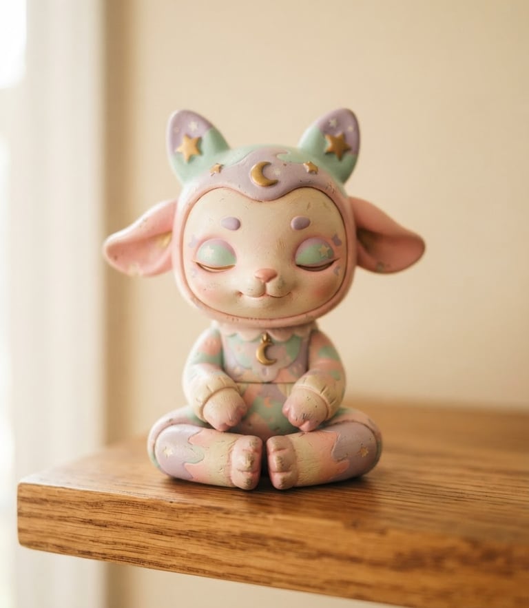Soft-focus close-up of a rare pastel vinyl figure sitting on a warm wooden shelf, gentle morning light, shallow depth of field, cream background