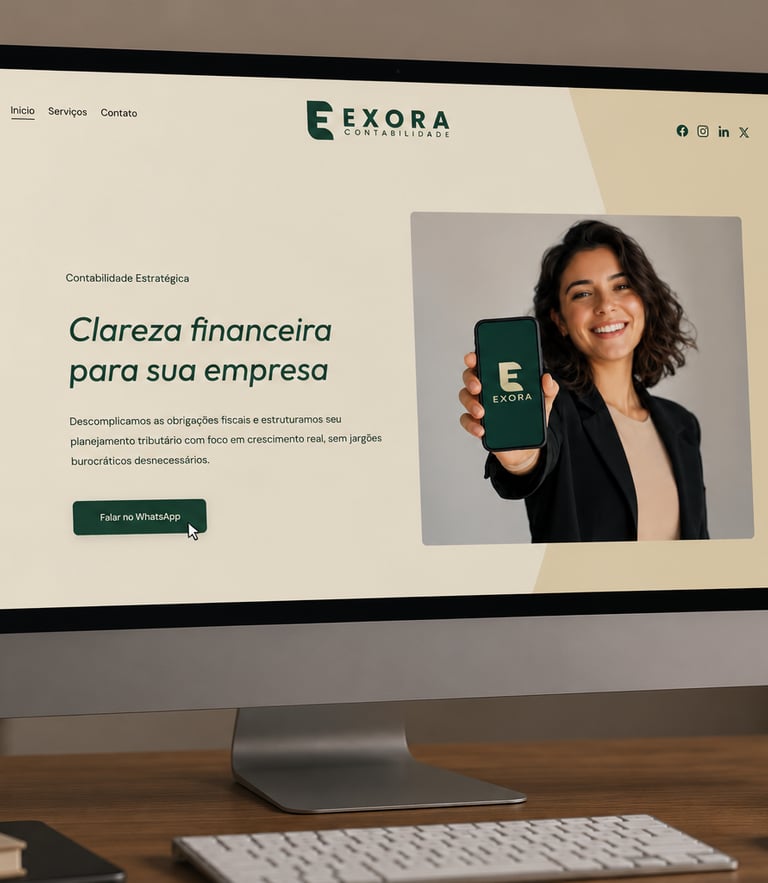 Desktop computer screen displaying the Exora Contabilidade website for professional accounting services.