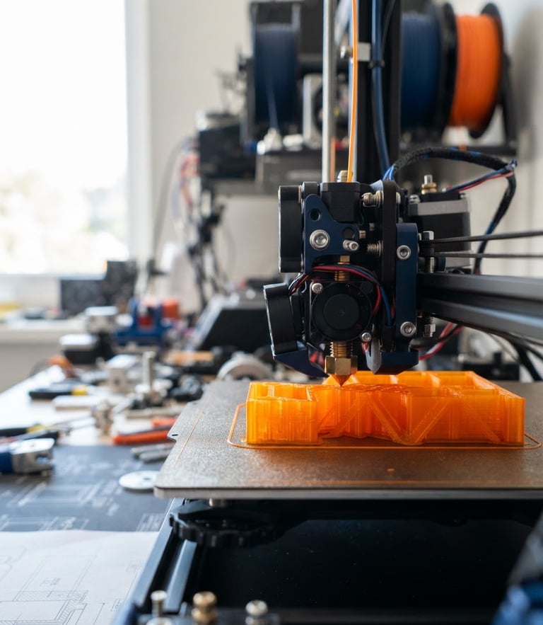 Close-up of a high-precision 3D printer nozzle extruding bright orange filament, technical workshop background, sharp focus, architectural blueprint aesthetic.