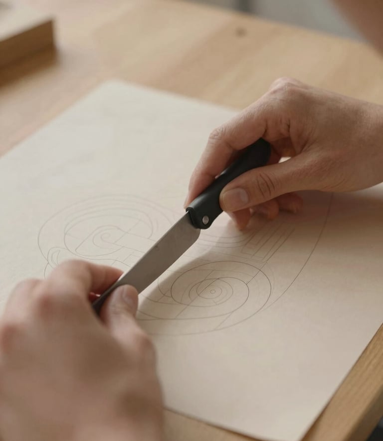 Close-up of elegant hands cutting a paper pattern on a wooden table, soft natural daylight, warm sand tones, shallow depth of field
