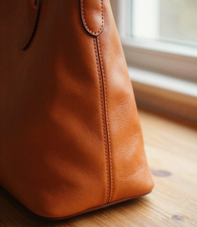 Close-up macro shot of a finished leather handbag with pristine stitching, resting on a wooden workbench under warm natural window light