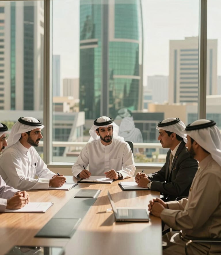A highly professional, warm-toned medium shot of a modern boardroom in Riyadh, natural window light casting soft shadows, GCC executives in traditional attire discussing strategy, architectural details of the King Abdullah Financial District visible through the glass, medium format, editorial style.