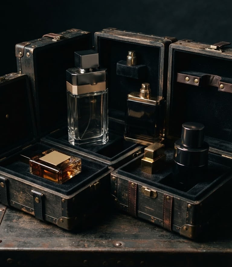 Sleek luxury perfume bottles in custom transit cases, dramatic low-key studio lighting with champagne gold highlights, sharp focus, 35mm editorial photography