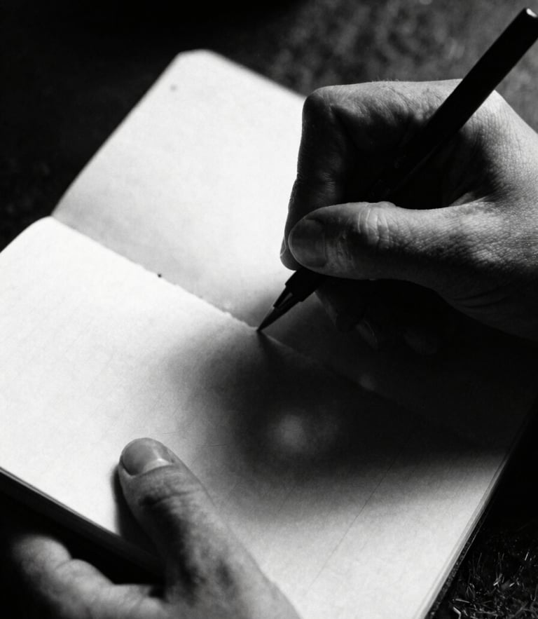 Extreme close-up of a photographer's hands scribbling in a heavily worn paper notebook, harsh direct overhead studio light, deep shadows, heavy film grain, 35mm tri-x