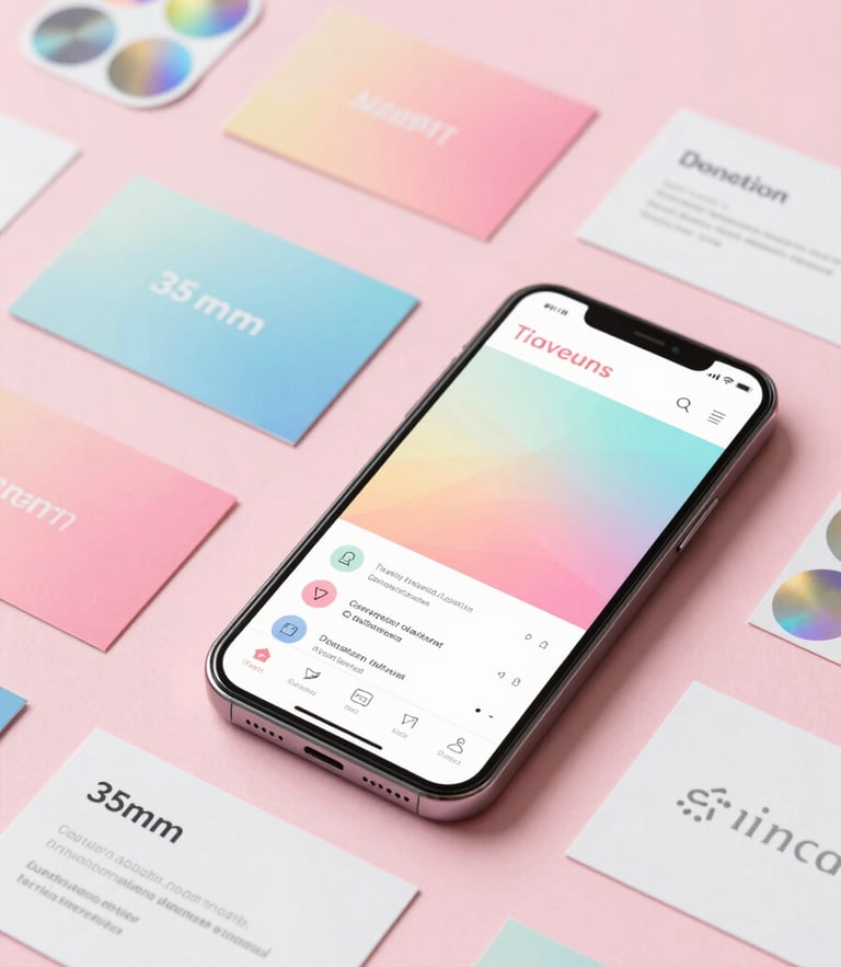 Flatlay of colorful custom business cards, holographic stickers, and a modern smartphone showing a matching clean website design on a soft pink background, bright studio photography, soft pastel gradients, clean modern mockups, crisp lighting, shallow depth of field, 35mm