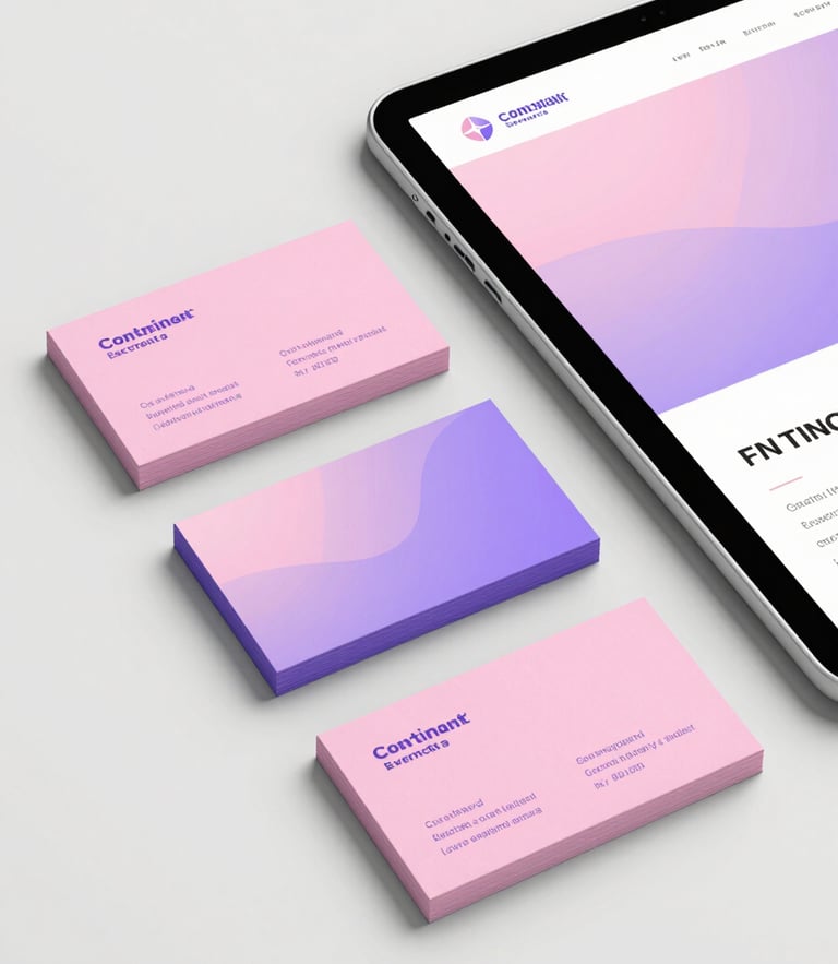 A flatlay of beautifully printed pink and purple business cards next to an iPad displaying a matching website design, bright studio lighting, soft shadows