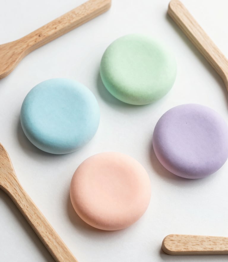 Bright high-key overhead flatlay of colorful pastel slimes and wooden craft tools on a clean light surface, soft natural daylight