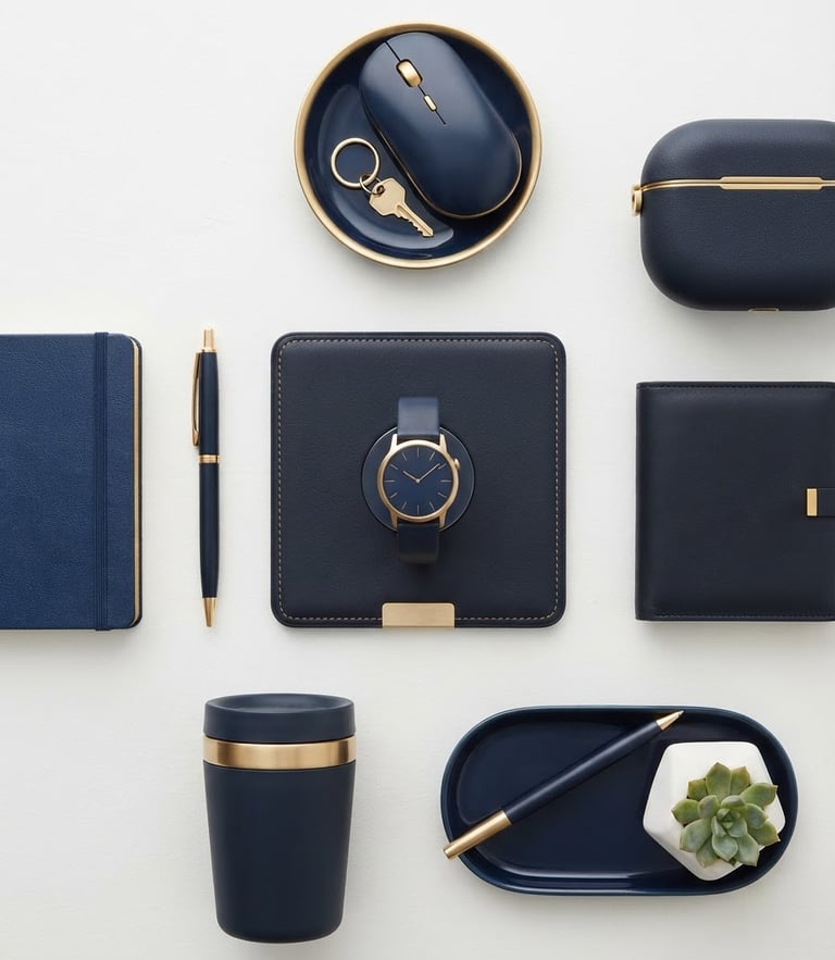 Overhead minimalist flat-lay of clean, high-end consumer goods, structured arrangement on a white background with subtle warm gold accents, sharp focus.