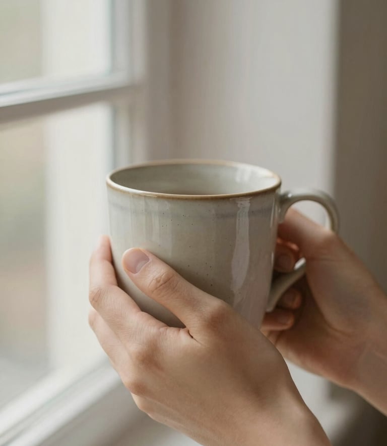 Close-up of hands holding a warm, textured ceramic mug, soft natural window light, shallow depth of field, 35mm.