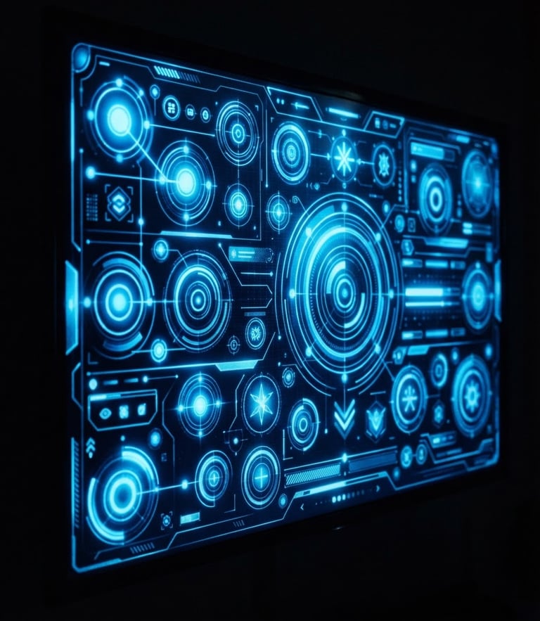 Macro shot of a physical Android TV screen in a dark room, glowing with an electric blue custom interface, high-contrast ambient light, 35mm