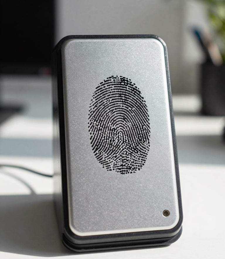 Straight-on close-up of a high-contrast biometric fingerprint scanner on a clean office desk, bright natural daylight, highly detailed and professional.