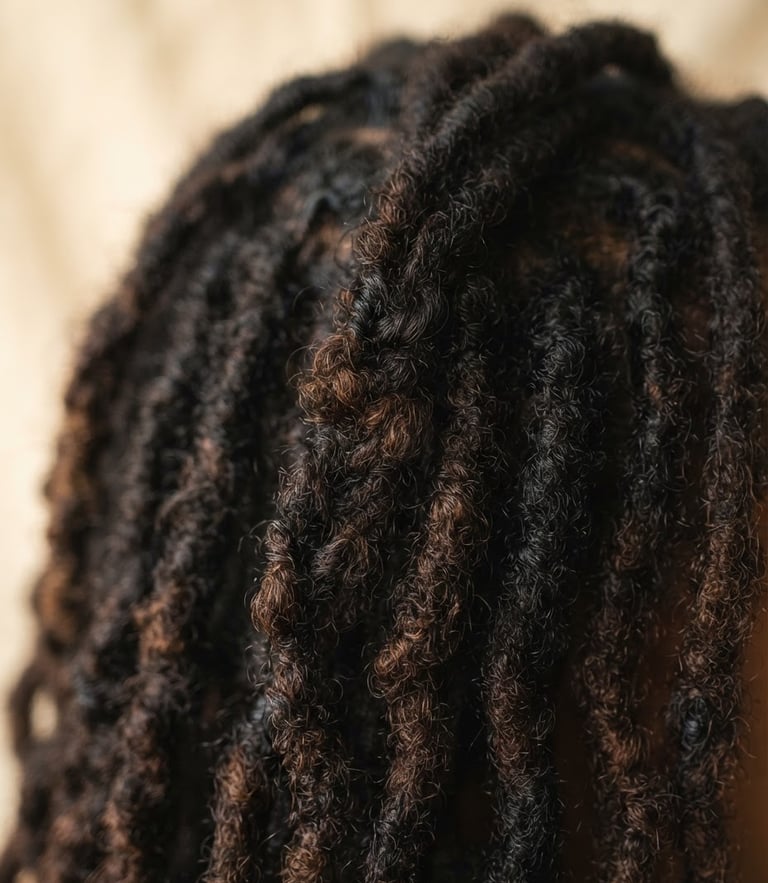 Macro close-up of healthy, intricate loc textures under soft twilight natural light, warm cream background, 50mm lens