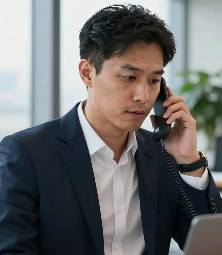 Medium close-up of a B2B sales director in a structured office environment, focused phone call, sharp window light, deep navy tones, 50mm lens