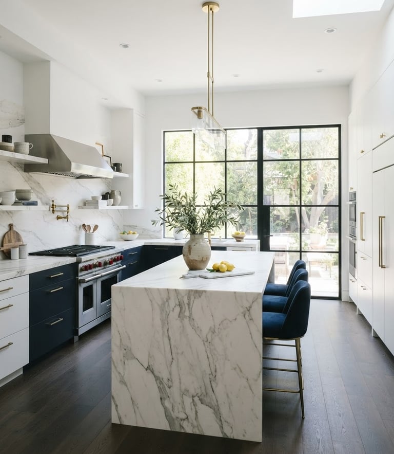 Bright architectural photography of a luxury kitchen with marble countertops and minimalist design, soft natural daylight streaming through large windows, pristine and immaculate.
