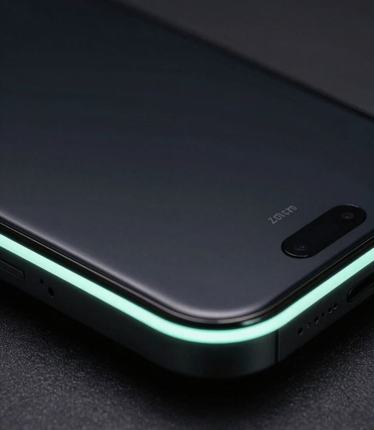 Macro shot of a high-fidelity dark-mode mobile interface on premium hardware, moody low-key studio lighting with neon-mint rim highlights on device edges