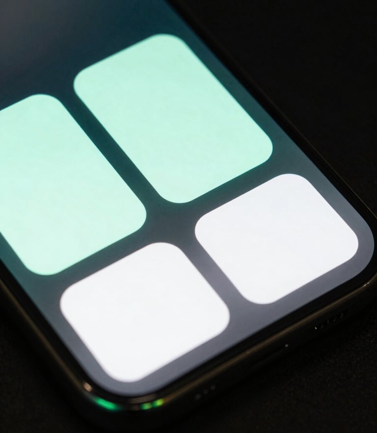 Extreme close-up of a premium dark smartphone screen showing a highly customized minimalist home screen layout with neon-mint interactive widgets, moody low-key studio lighting with soft green rim lights highlighting the glass edge