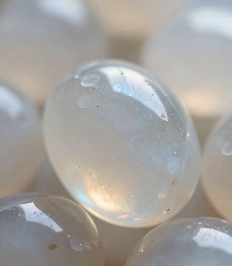 Macro close-up of translucent natural moonstone with soft pearlescent morning light reflections, shallow depth of field