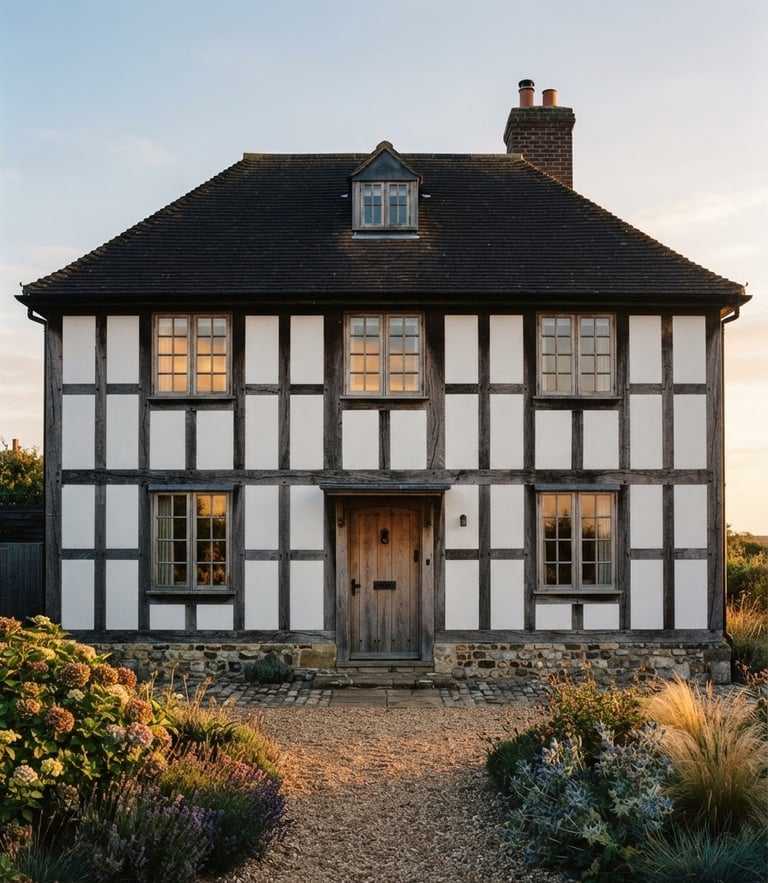 Straight-on architectural elevation of a historic timber-frame coastal home, warm golden-hour natural light reflecting off original glass panes, rich deep tones, medium format film.
