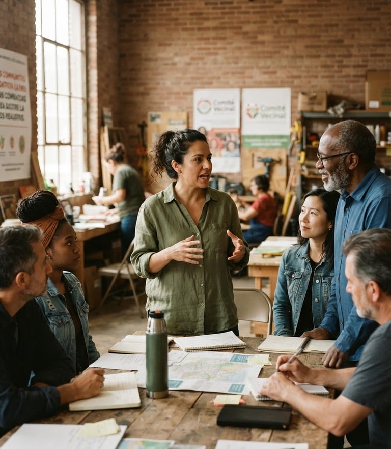 Documentary editorial photograph of a community organizer speaking with local leaders in a sunlit, brick-walled workshop space, natural window light, muted organic tones.